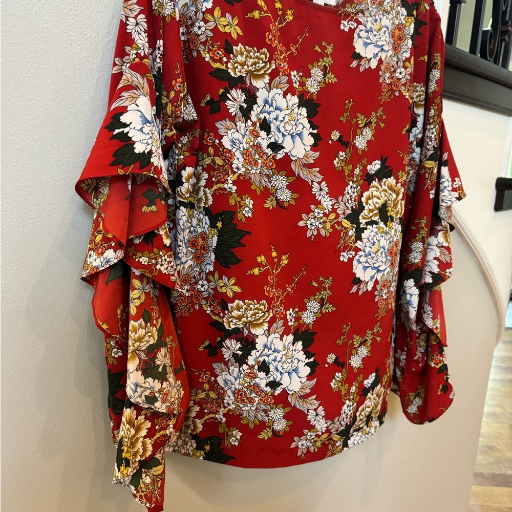 Robert Rodriguez for Barney’s Red Floral Blouse with Ruffle Sleeves - Picture 4 of 5